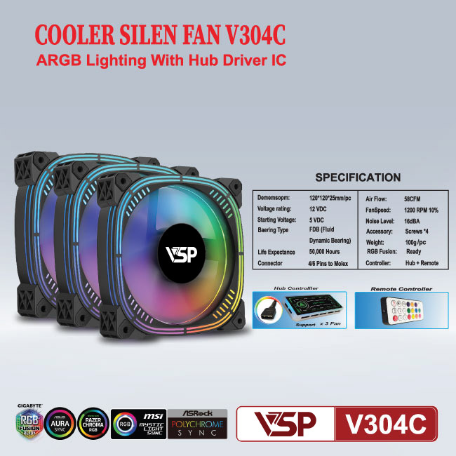 Fan Case VSP V304C LED ARGB Pack 3 Fan (Hub + Remote)