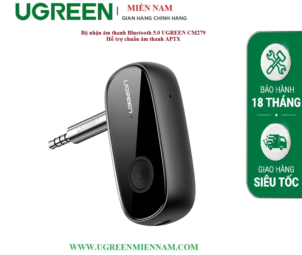 Ugreen 70304 v5.0 3.5mm bộ nhận Bluetooth dùng cho xe hơi hay cổng âm thanh Aux CM279 20070304