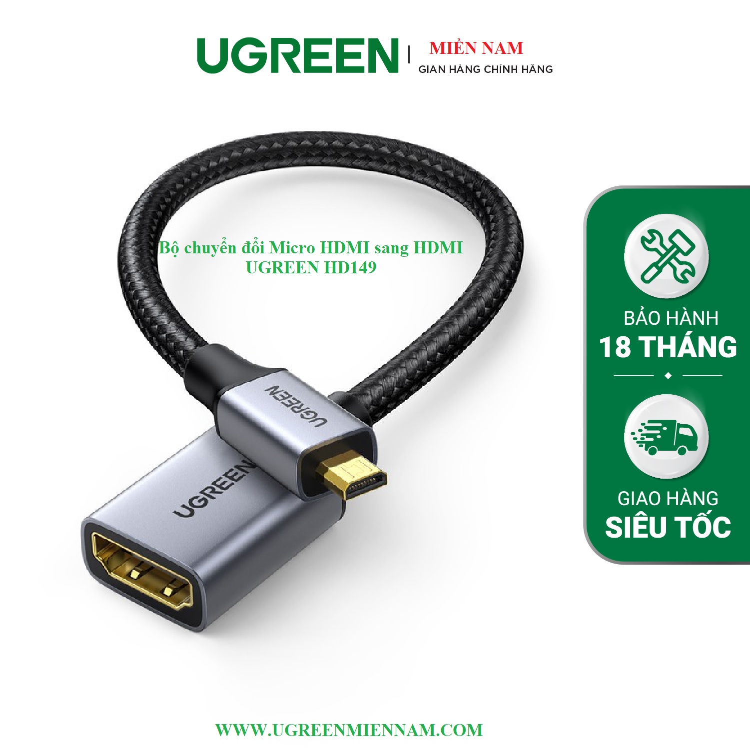 Cáp chuyển đổi Micro HDMI to HDMI 2.0 bện dù 4K 3D 1080P Ugreen 10553 cao cấp