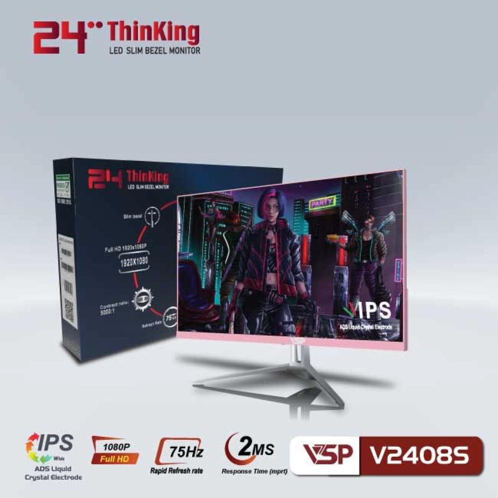 Màn hình máy tính LCD VSP V2408S Hồng | 23.8 inch/Full HD/Tấm nền IPS/75Hz/8ms/250nits/HDMI + VGA/Phẳng/Xanh