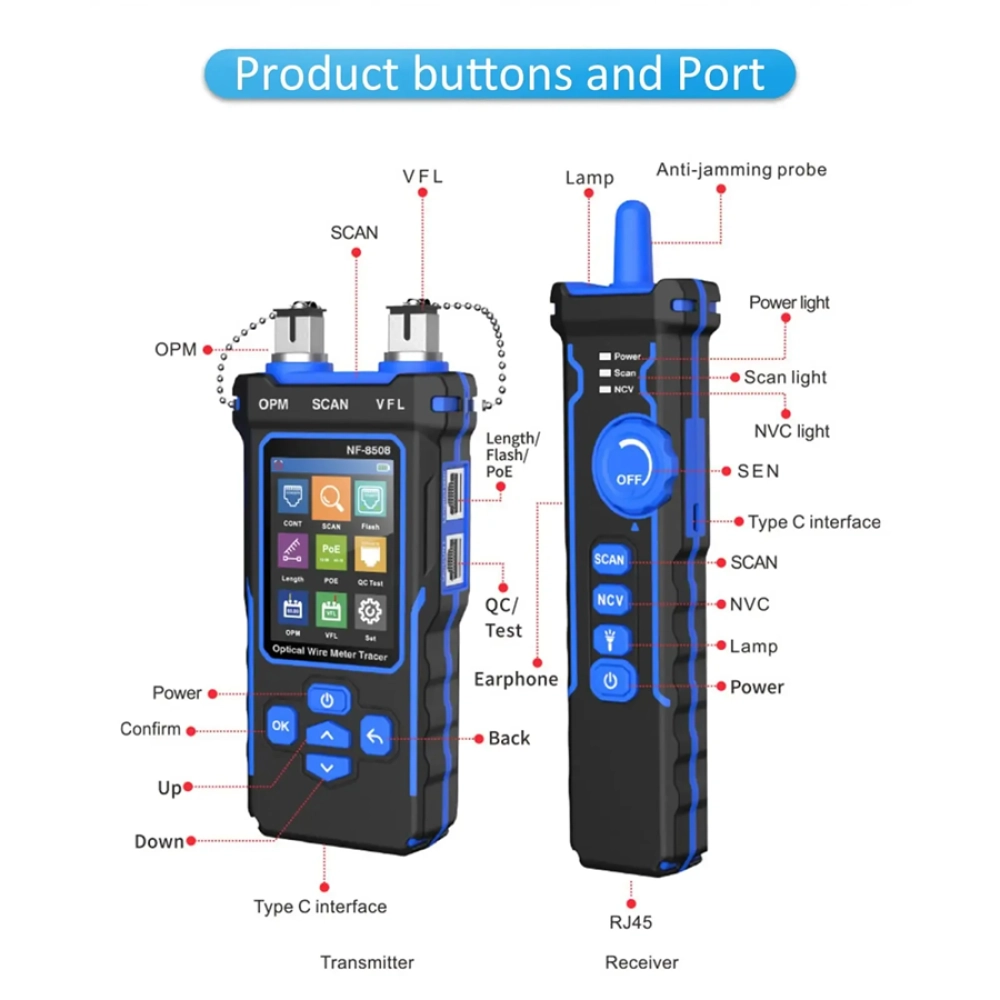 Máy đo công suất quang và soi sợi quang, test dây mạng, dò dây cáp mạng, đo khoảng cách dây mạng, PoE NF-8508