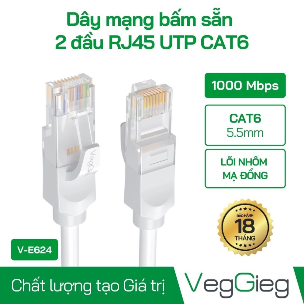 Dây mạng bấm sẵn CAT 6 VEGGIEG V-E627 | 3m