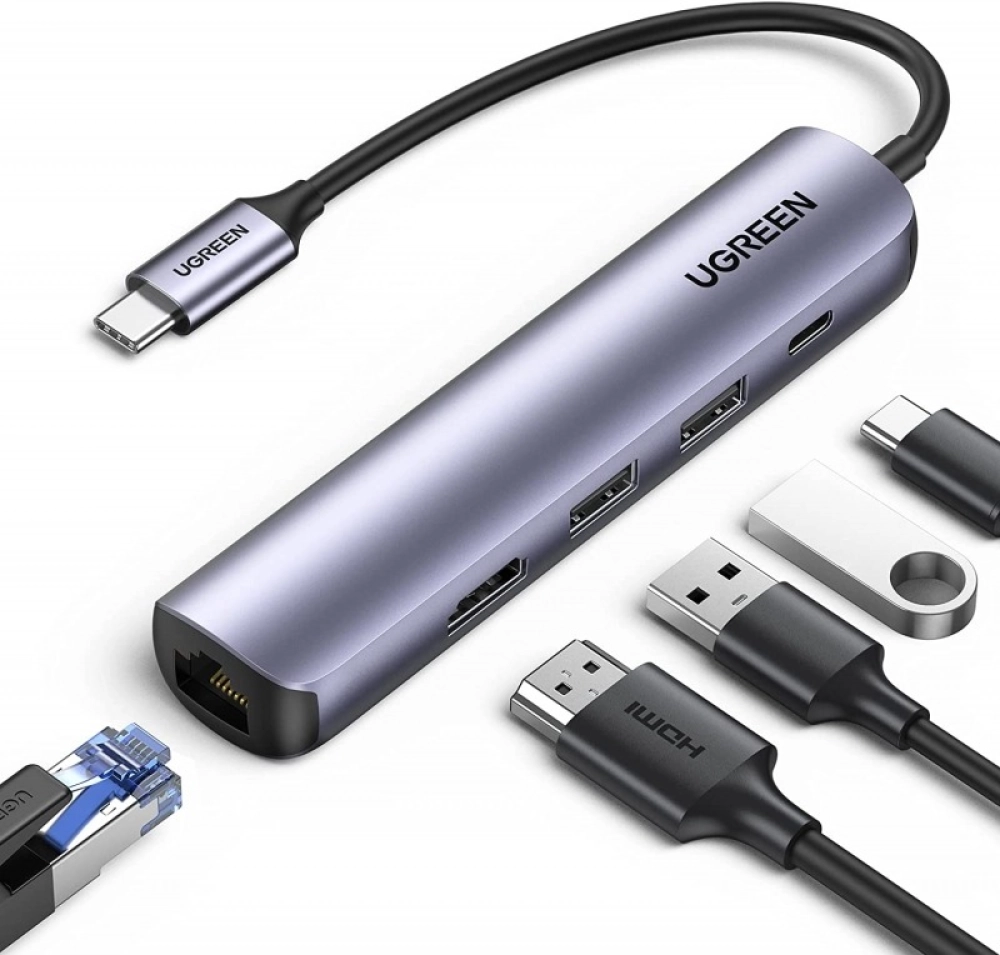 Bộ chuyển đổi Type C UGREEN 10919 - Type C sang HDMI, USB 3.0, Lan Gigabit và PD 100W - Hỗ trợ phân giải 4K*2K@30Hz, Tốc độ truyền 5Gbps