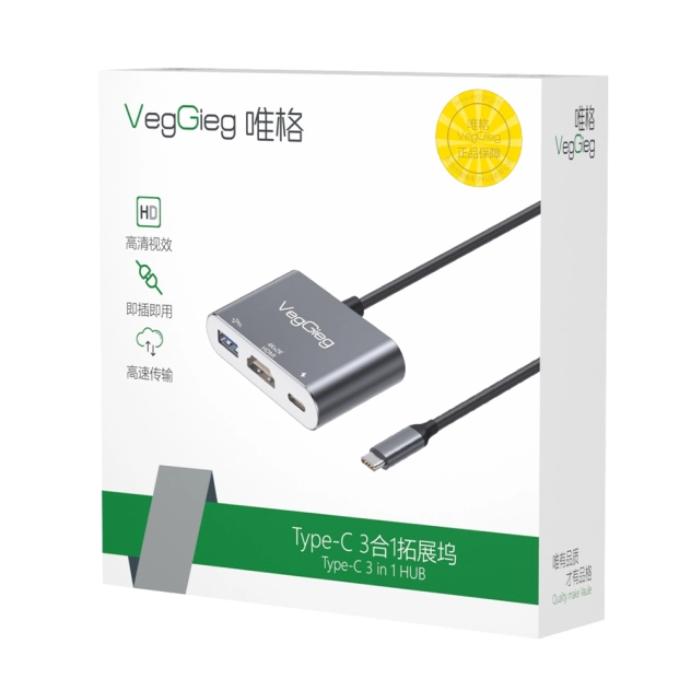 BỘ CHUYỂN ĐỔI USB Type C SANG HDMI+SẠC PD+USB 3.0 VEGGIEG V-TC03