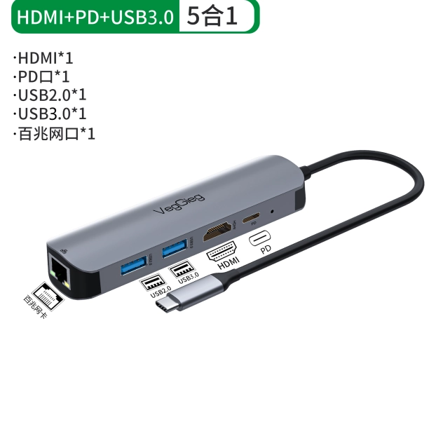 BỘ CHUYỂN ĐỔI USB Type C SANG HDMI+2xUSB 3.0+PD+RJ45 VEGGIEG V-TC05R