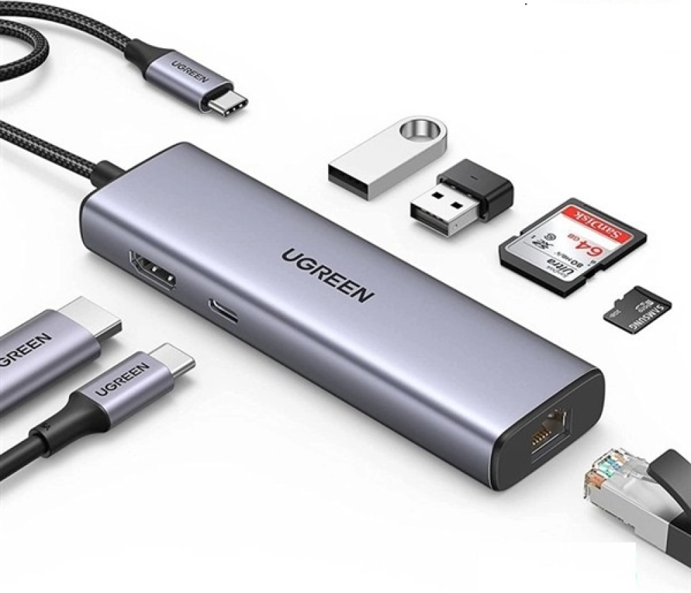 Thiết bị mở rộng Type-C 7 in 1 Sang HDMI 4K@30HZ + USB 3.0*2 + SD/TF + PD 100W Ugreen 90568