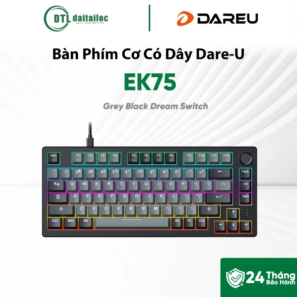 Bàn Phím Cơ Có Dây Gaming Dare-U EK75 Grey Black Dream Switch (keycap PBT)
