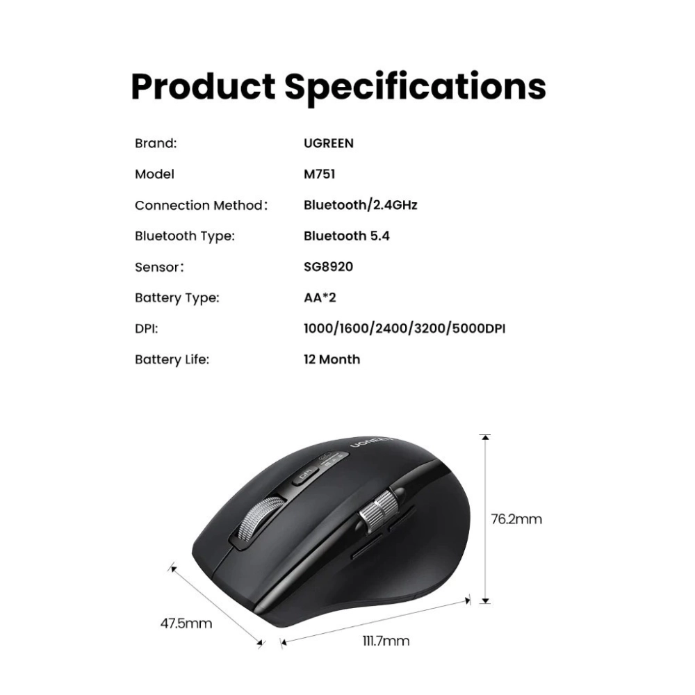 Chuột không dây Bluetooth v5.4 hỗ trợ 5000DPI Ugreen 45792