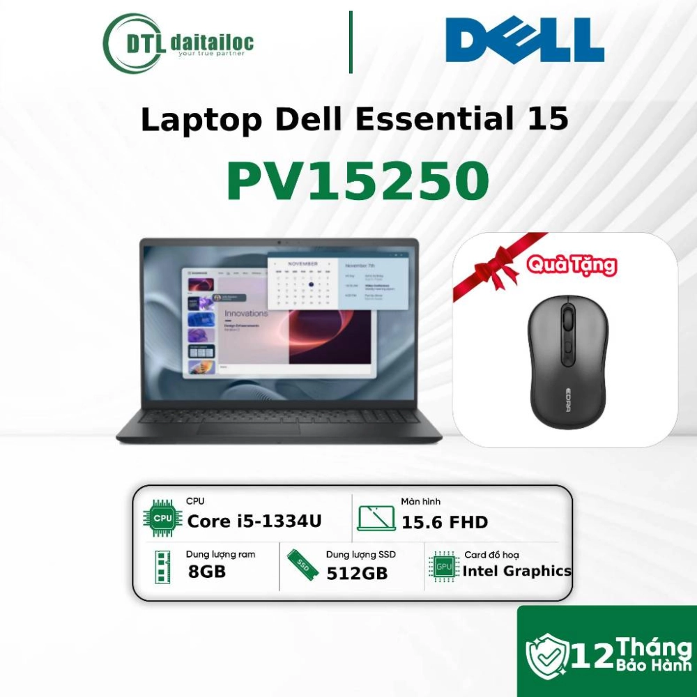 Laptop Dell Essential 15 PV15250 Core i5-1334U 8GB 512GB 15.6 FHD Ubuntu DOS Đen (NK) 