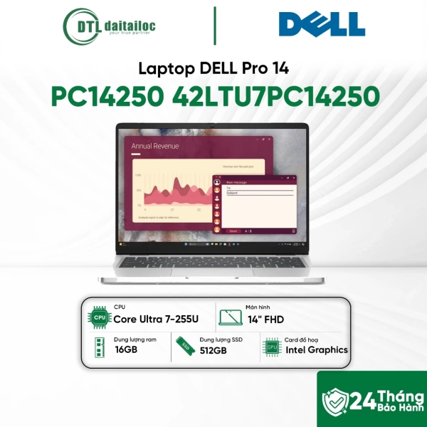 Laptop DELL Pro 14 PC14250 42LTU7PC14250 Core Ultra 7-255U 16GB 512GB SSD 14 FHD WIN11