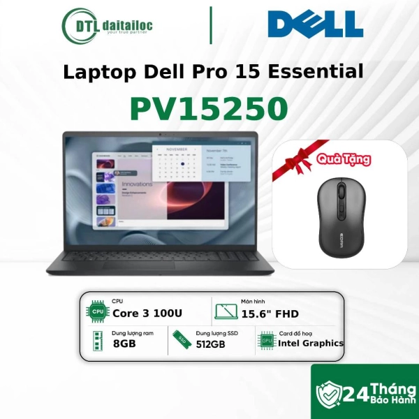 Laptop Dell Pro 15 Essential PV15250 Core 3-100U 8GB 512GB 15.6 FHD Dos Ubuntu Đen (NK)