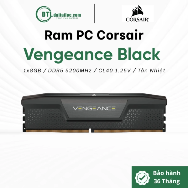 RAM PC Corsair Vengeance Black 8GB DDR5 5200MHz CL40 Tản Nhiệt (CMK8GX5M1B5200C40)