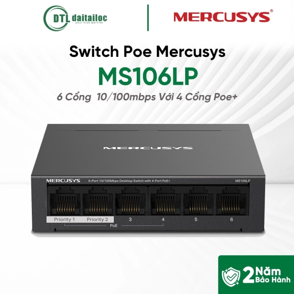 	Switch PoE Mercusys 6P MS106LP (4P+2P UPLINK) 100mb