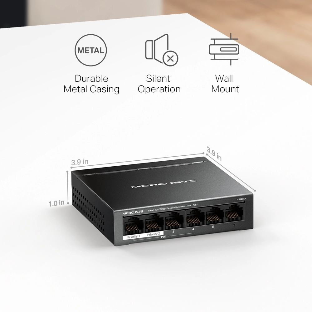 	Switch PoE Mercusys 6P MS106LP (4P+2P UPLINK) 100mb