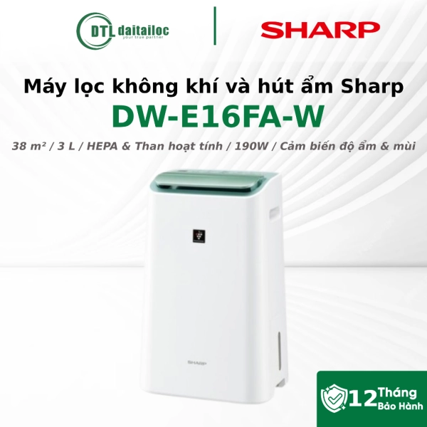 Máy Lọc Không Khí Kết Hợp Hút Ẩm Sharp DW-E16FA-W 16L/Ngày Phòng 38m² Sấy Quần Áo Khử Mùi