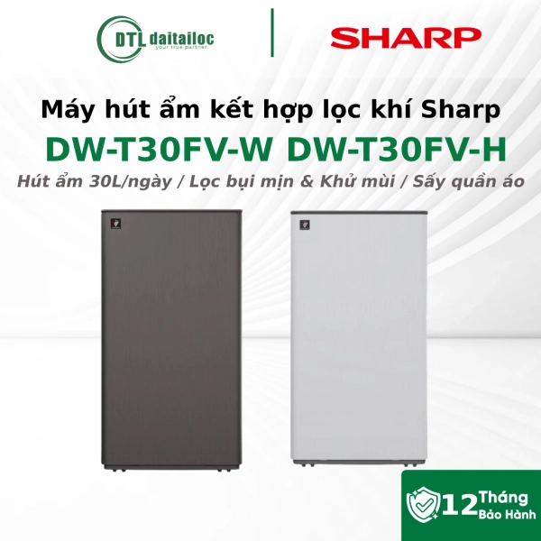 Máy hút ẩm kết hợp lọc khí Sharp DW-T30FV-W DW-T30FV-H Diện Tích 77m2 Lực Hút 30 lít/ngày
