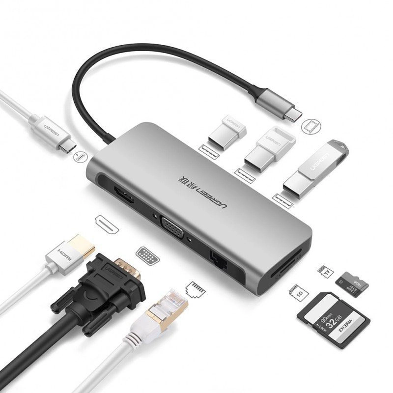 Bộ chuyển đổi Type C sang 3 USB 3.0 + HDMI + VGA + LAN + SD/TF + hỗ trợ nguồn Type C Ugreen 40873